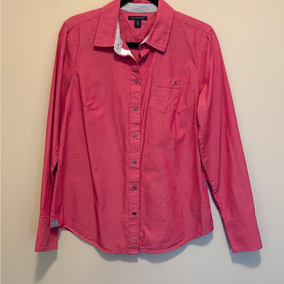 TOMMY HILFIGER WOMENS BUTTON UP SHIRT LARGE PINK PREPPY OFFICE - Picture 2 of 10